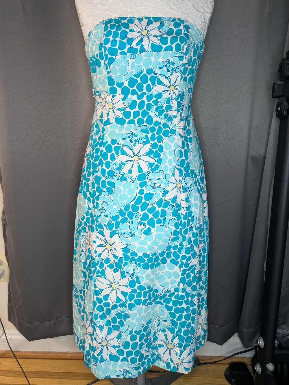 Vtg LILLY Pulitzer Franco Dress Leopard Daisy Strapless Sz 0 Tie Back A Line